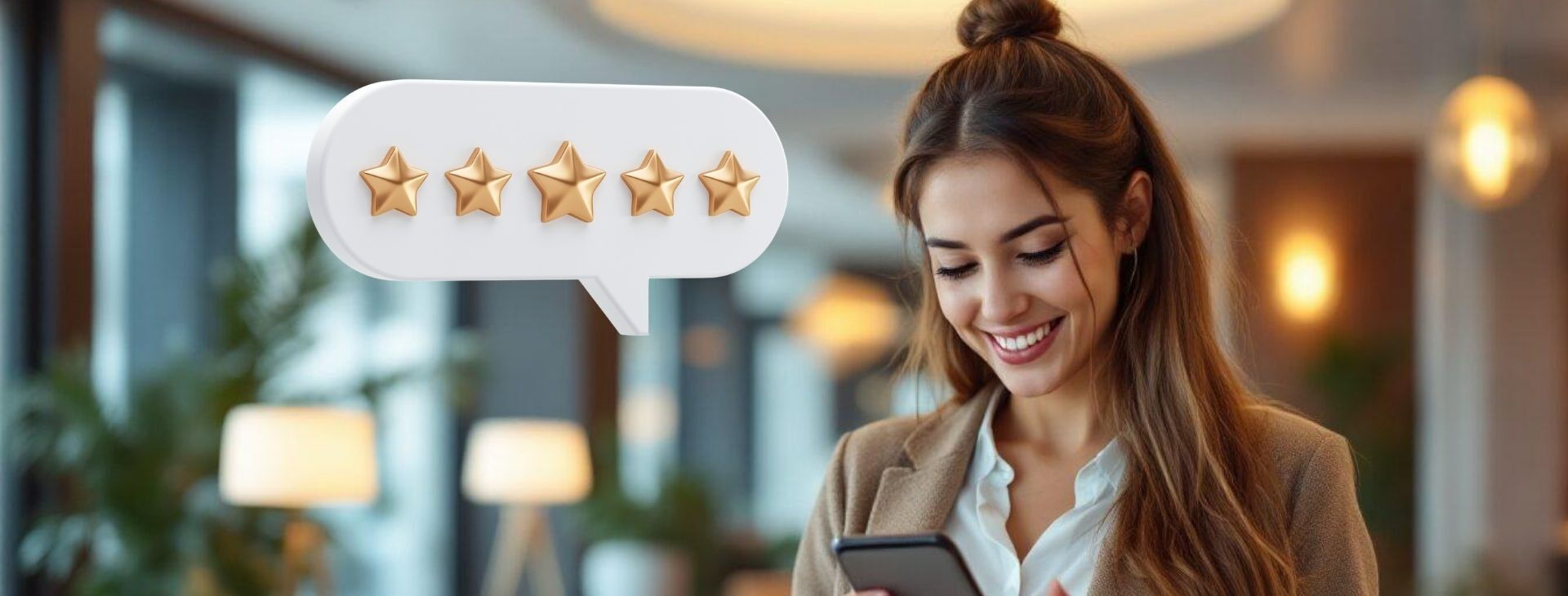 Hotel guest submitting a five-star review for Hotel Kongress in Leoben on her smartphone