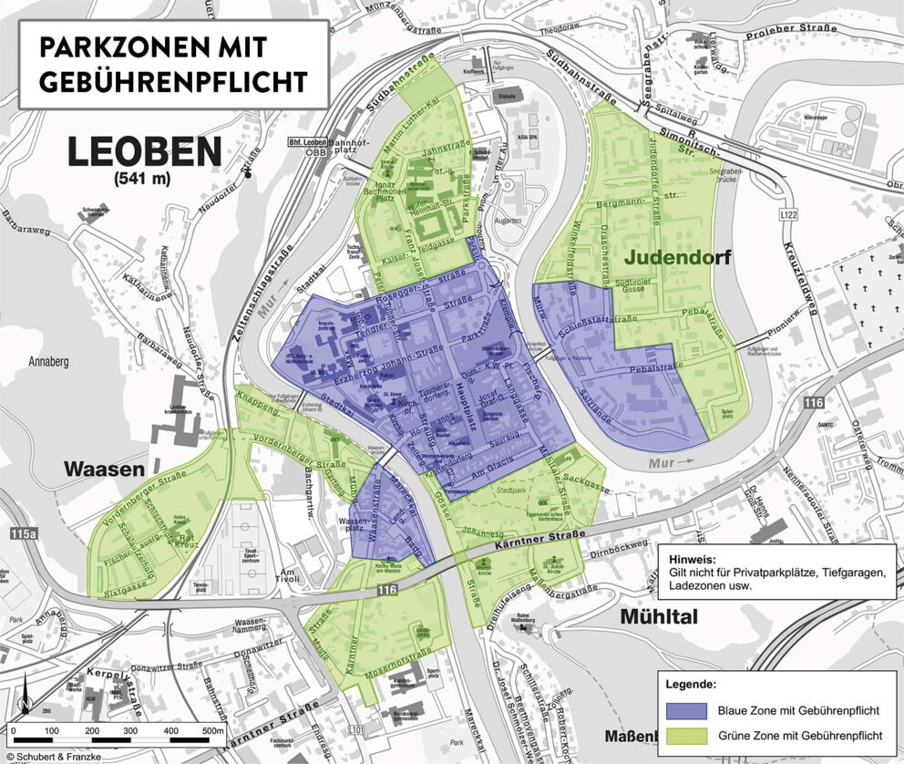Karte von den Parkzonen mit Gebührenpflicht in Leoben