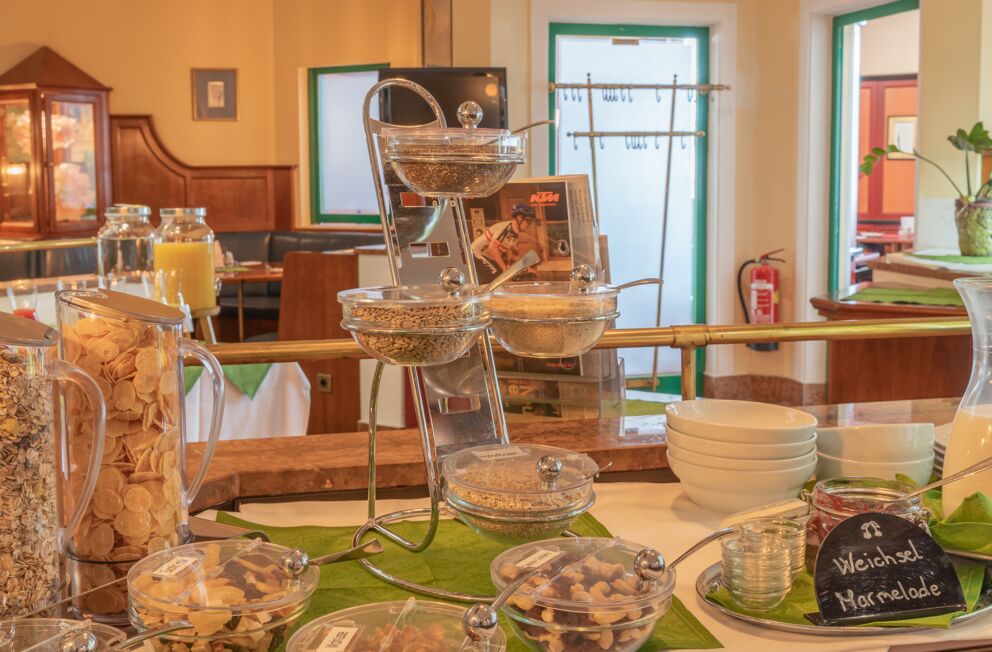 Breakfast buffet with jams and cereals