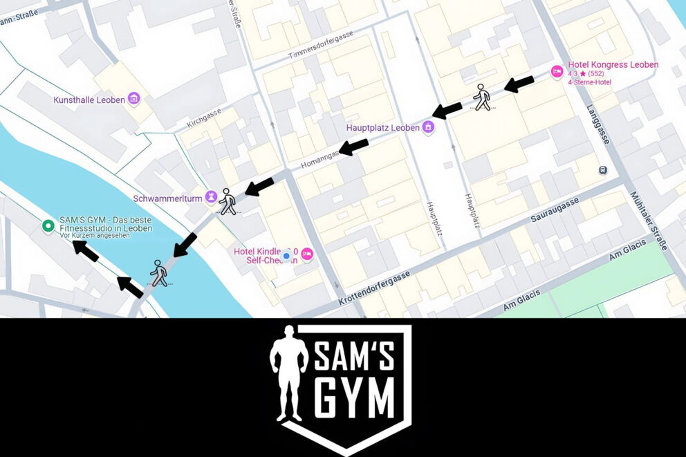 A map of Leoben showing the route from Hotel Kongress to Sam's Gym