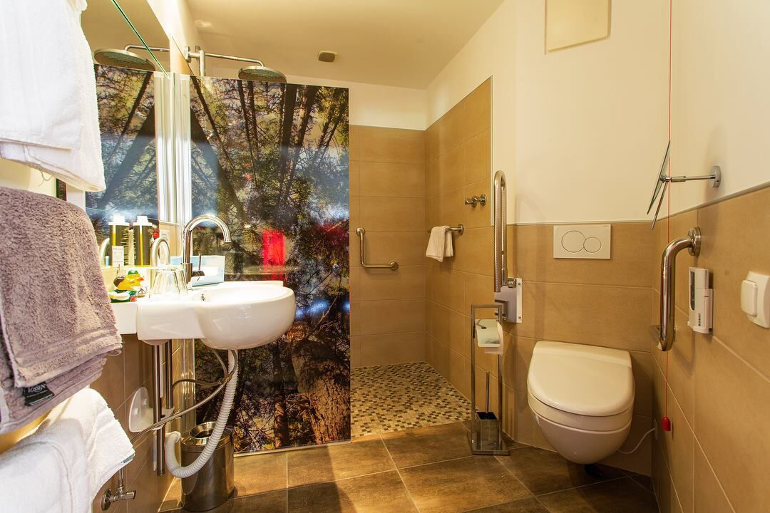 Bathroom with toilet, shower and sink
