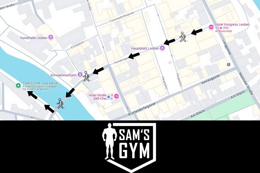 A map of Leoben showing the route from Hotel Kongress to Sam's Gym